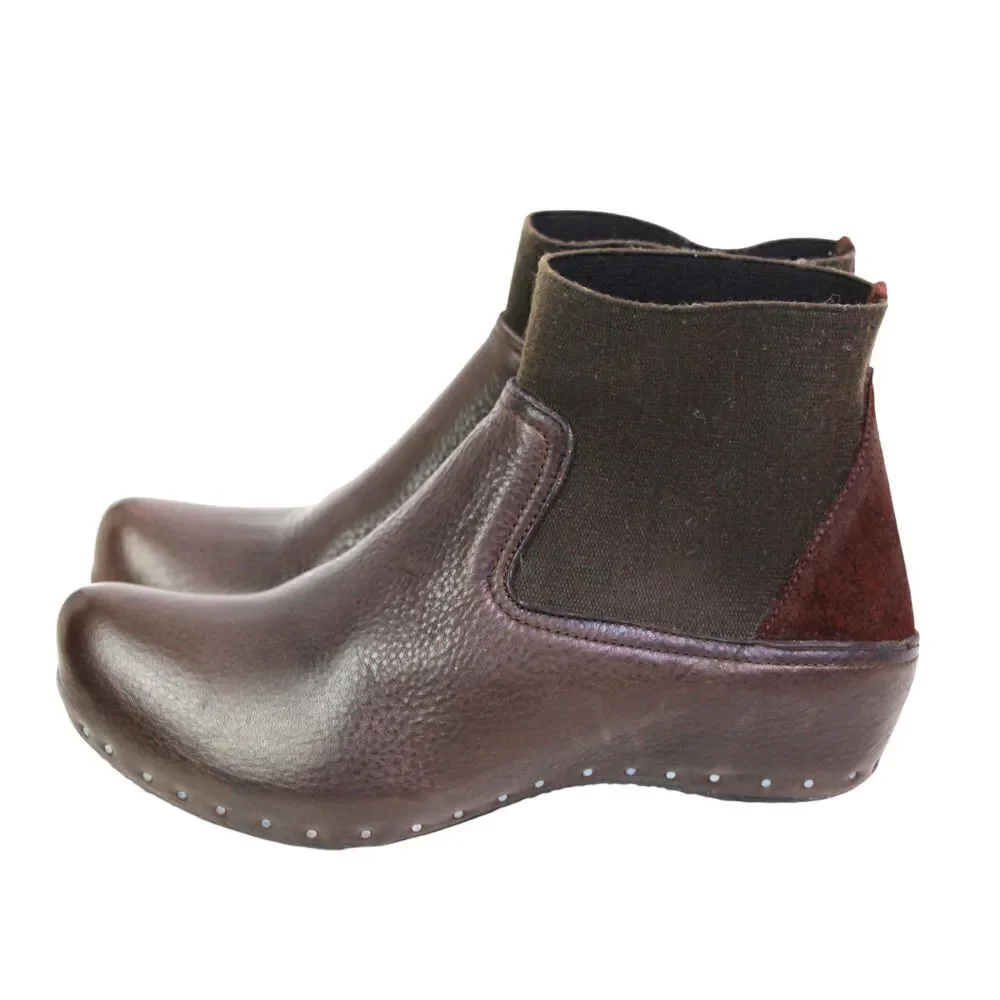 Vialis BROWN GENUINE LEATHER ELASTIC POINTED TOE WEDGE STUDS ANKLE BOOTS Sz 8